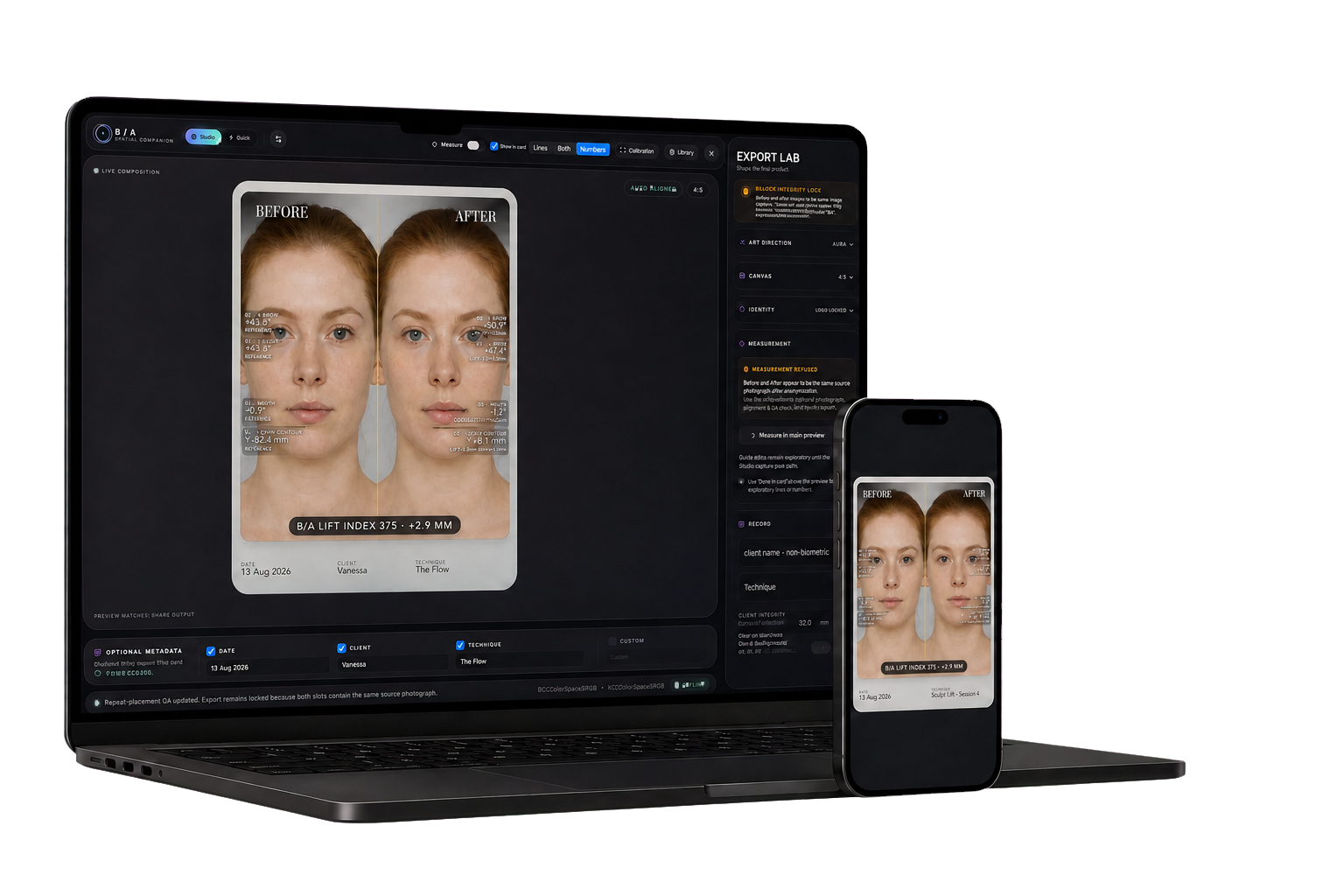 B/A Studio on a Mac and iPhone showing a measured before-and-after comparison
