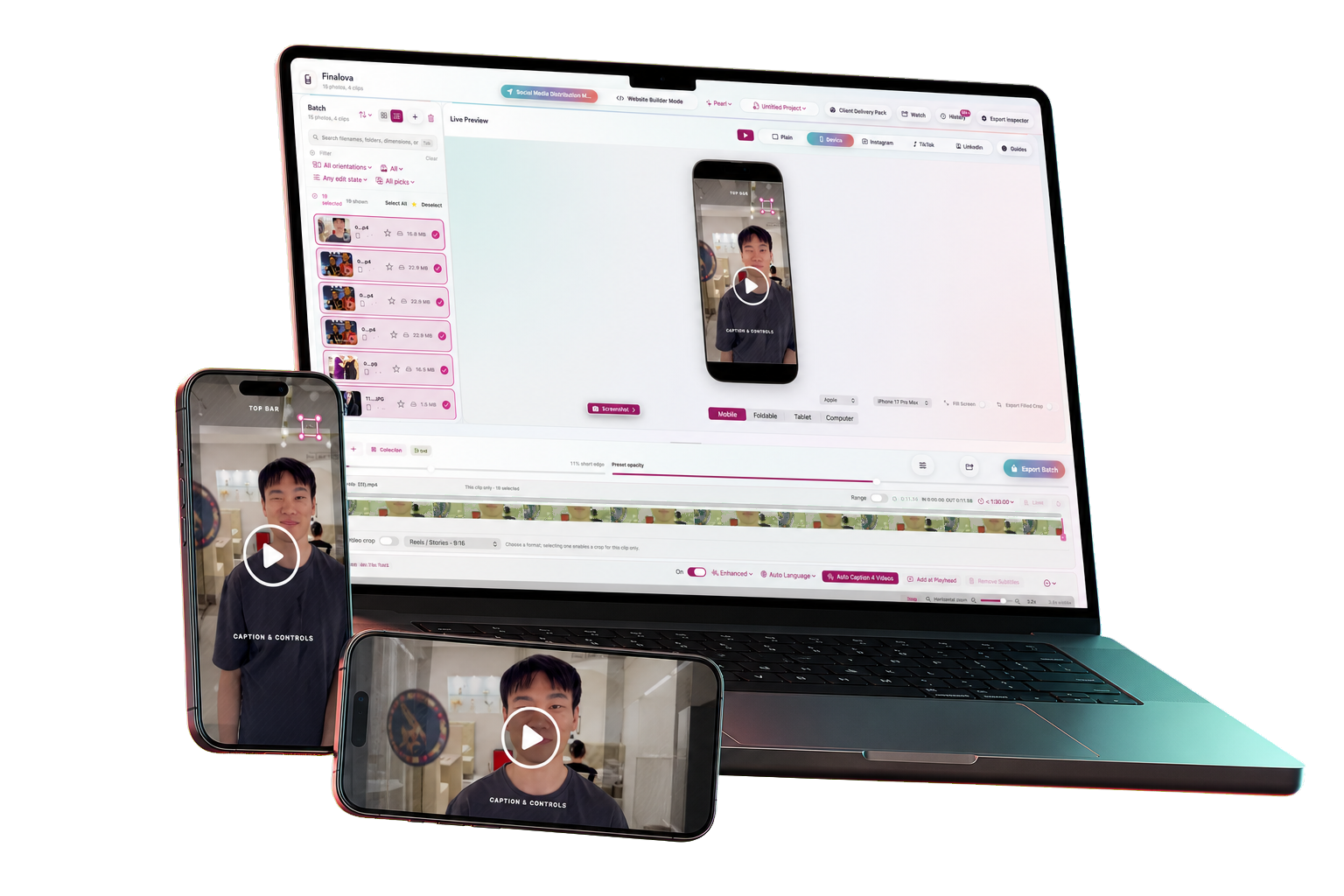 Finalova on a Mac with portrait and landscape delivery previews on phones