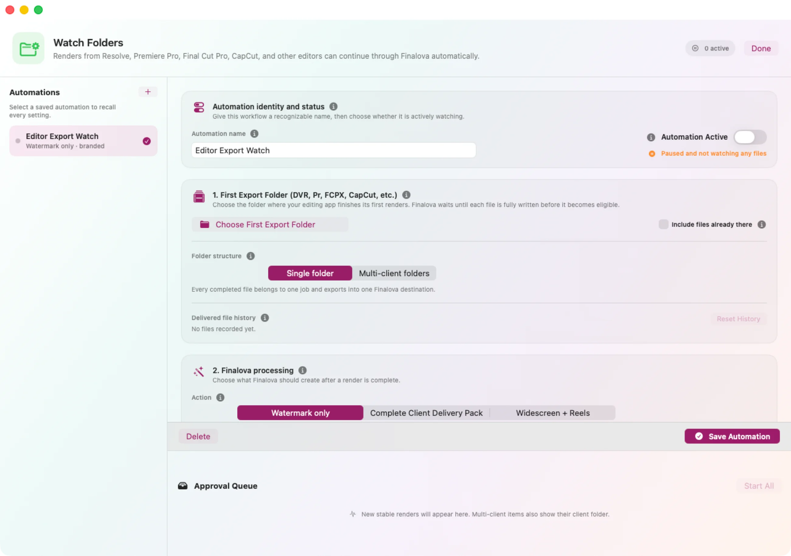 The Finalova Watch Folder automation queue