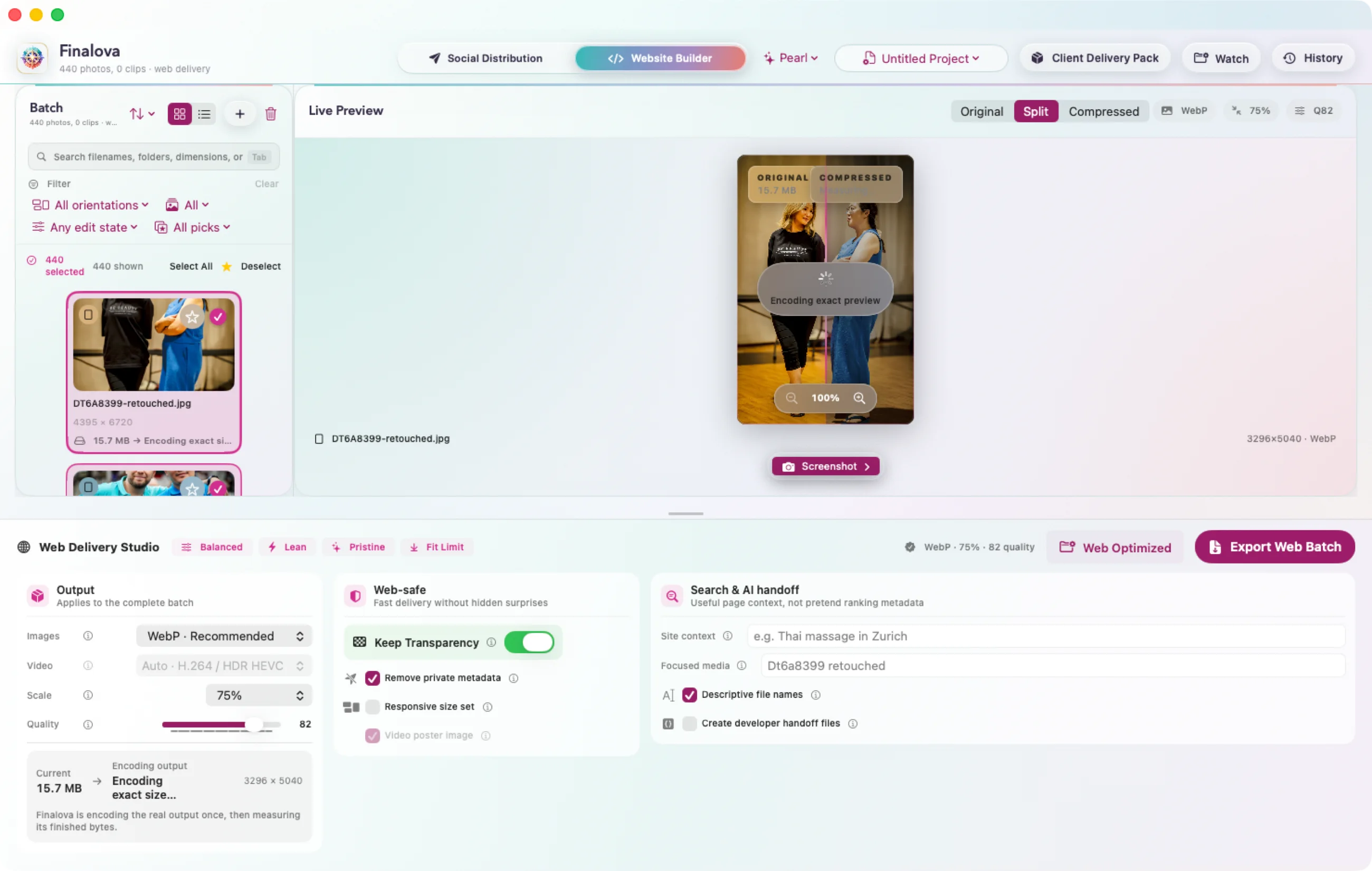 Finalova Website Builder Mode showing an original versus compressed split preview