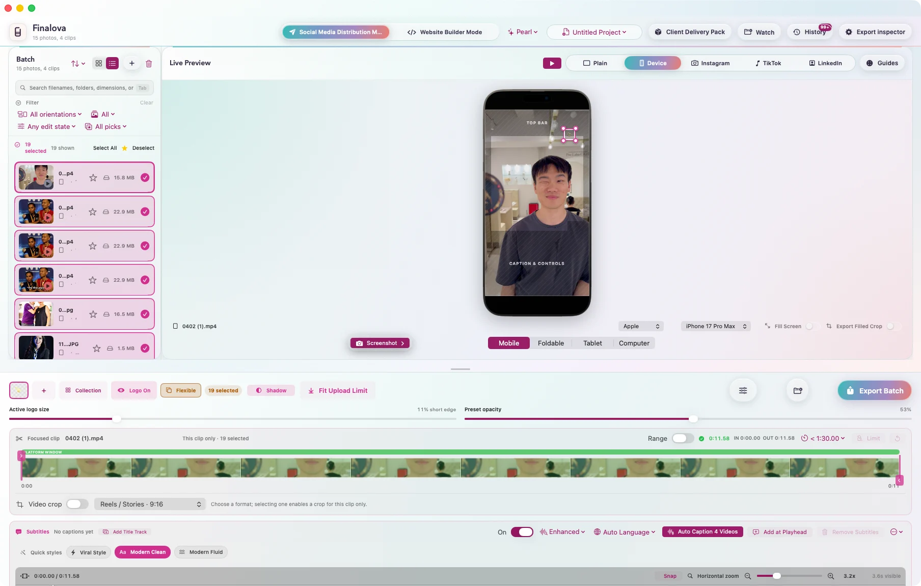 The authentic Finalova workspace with a media batch, device preview and caption timeline